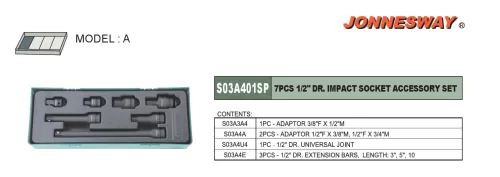 7PCS 1/2" DR. IMPACT SOCKET ACCESSORY SET P/N: S03A401SP