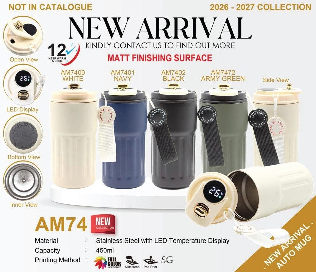 AM74 — AUTO MUG STAINLESS STEEL WITH LED TEMPERATURE DISPLAY + MATTE FINISH 450ml 272gsm (COMES WITH BOX) [12 HOUR HEAT RETENTION 🕛] [NEW PRODUCT 2026]