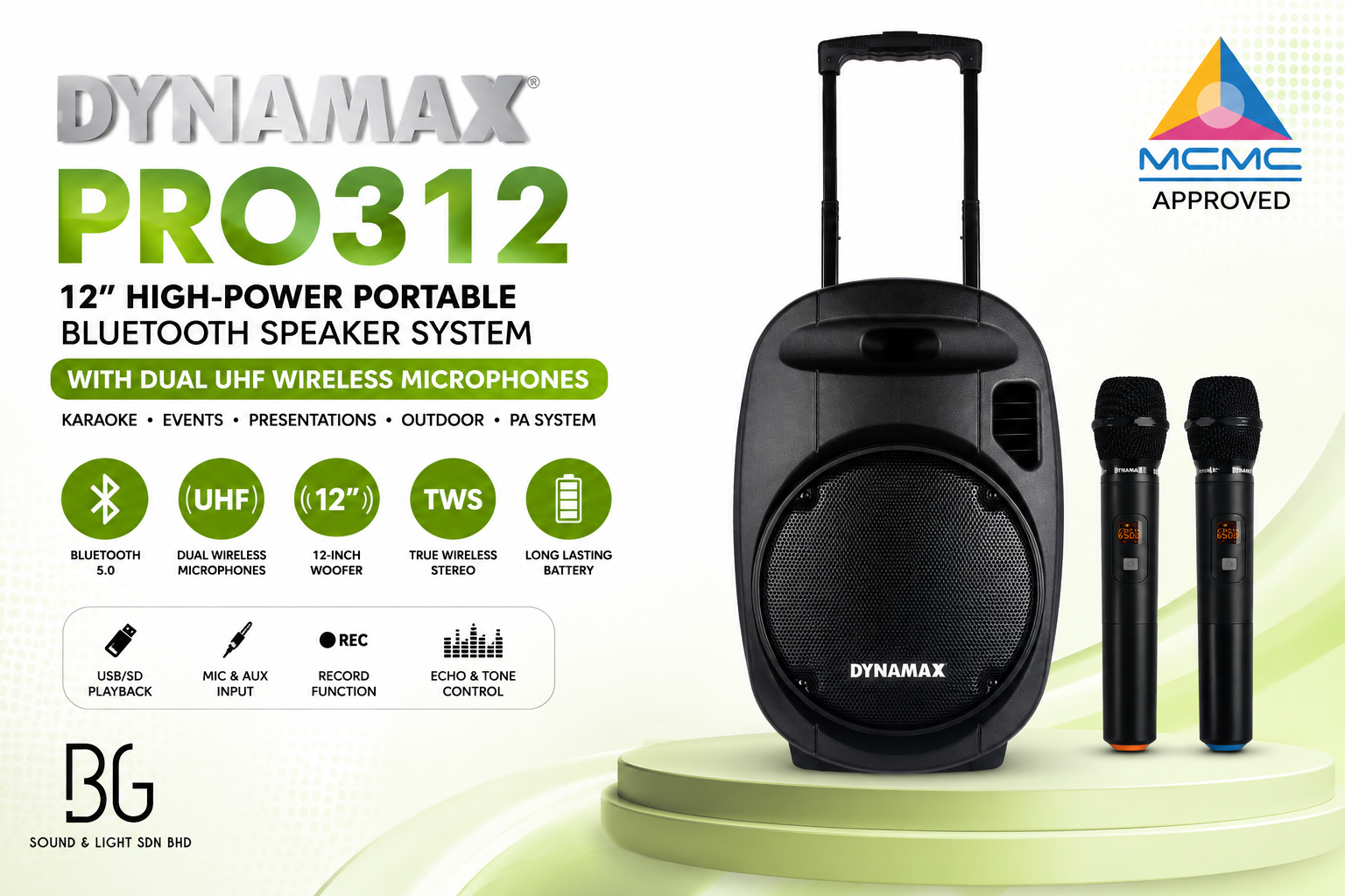 (MCMC Approved) DYNAMAX PRO312 – 12-Inch High-Power Portable Bluetooth Speaker with Dual UHF Wireless Microphones | Karaoke & PA System