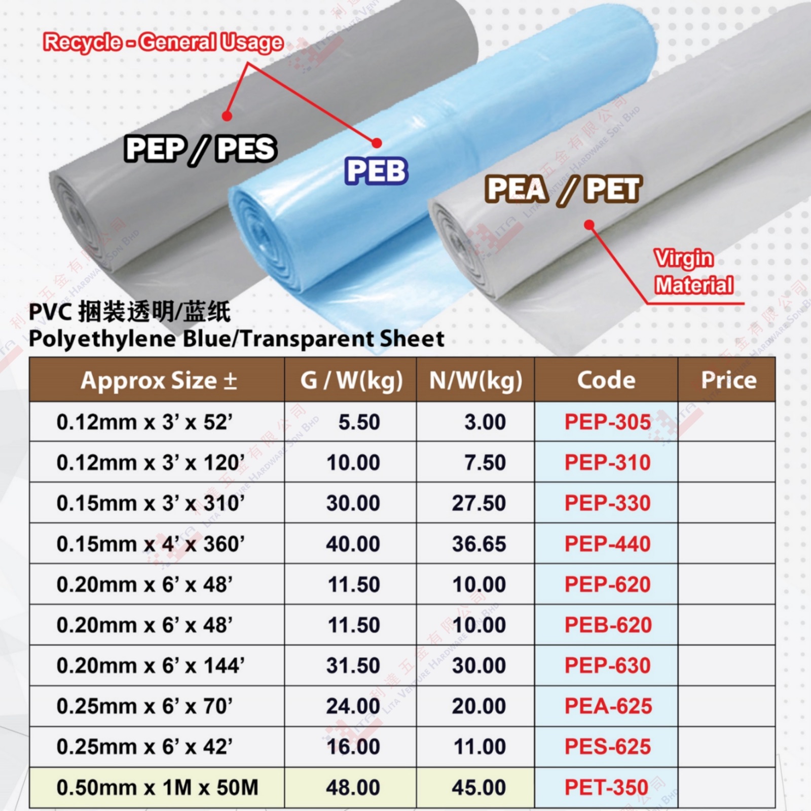 PVC POLYETHYLENE BLUE TRANSPARENT SHEET - PEP305 PEP310 PEP330 PEP440 PEP620 PEB620 PEP630 PEA625 PES625 PET350