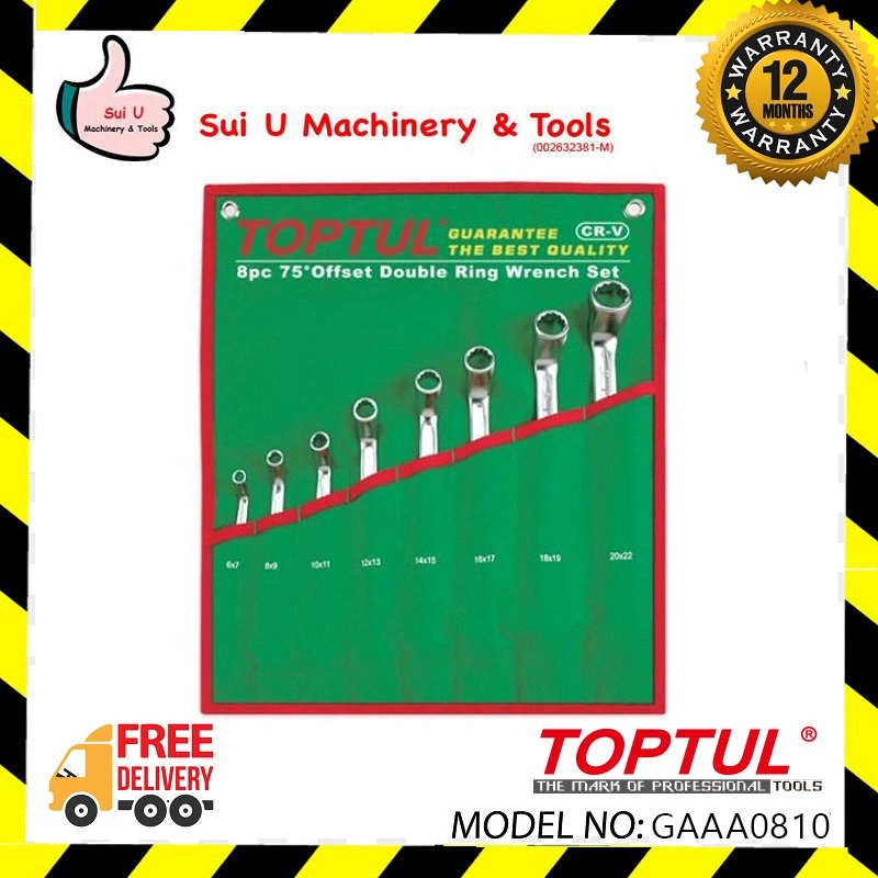 TOPTUL GAAA0810 Pouch Bag 75°Offset Double Ring Wrench Set 8Pcs