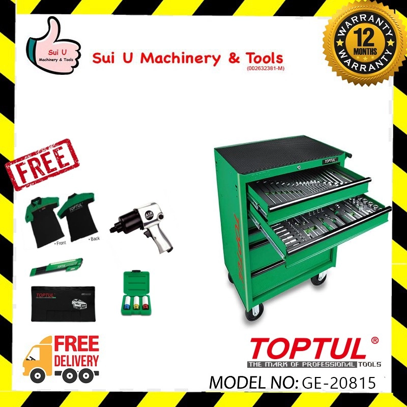 TOPTUL GE-20815 W/6 Drawer Mobile Tool Trolley 5 Drawer Tools 208Pcs 