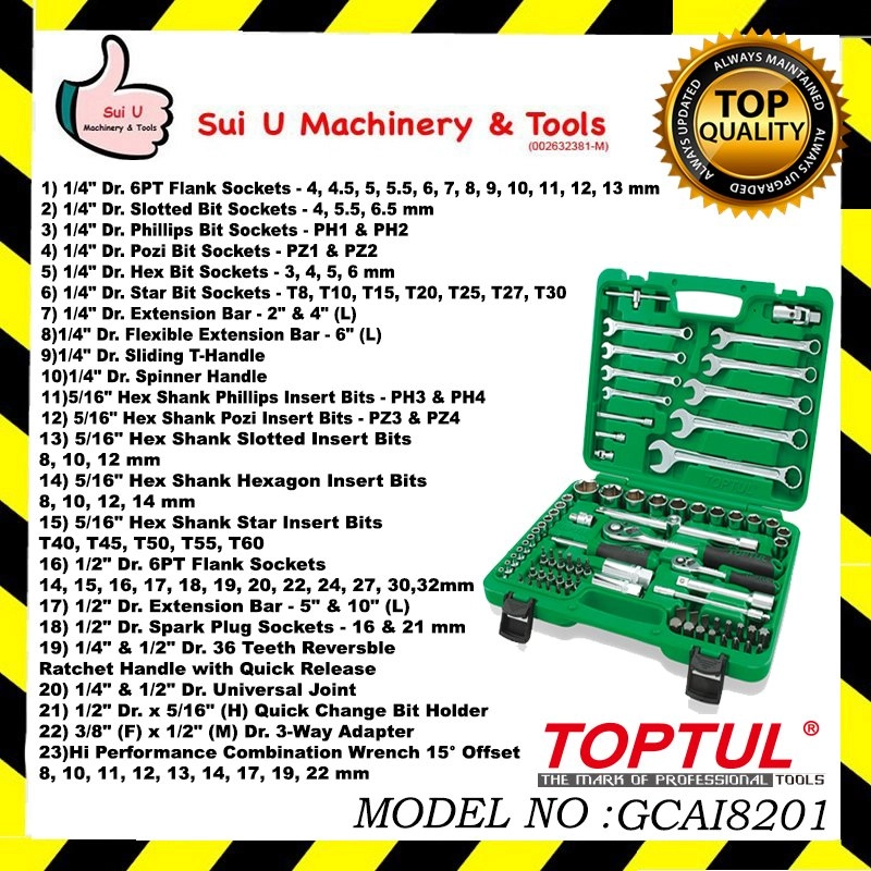 TOPTUL GCAI8201 Professional Grade DR. Flank Socket Wrench Set 82PCS 1/4"&1/2"