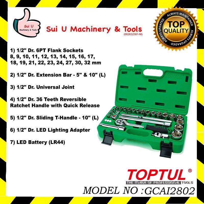 TOPTUL GCAI2802 Professional Grade DR. Flank Socket Set 28Pcs 1/2"