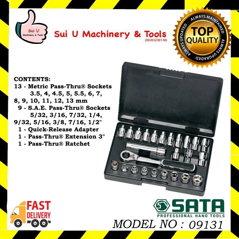 SATA 09131 Drive 6 Point Metric/SAE Pass-thru Socket Set 1/4" 25Pcs