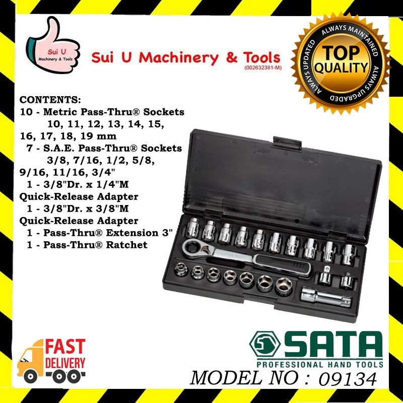 SATA 09134 Drive 6 Point Metric/SAE Pass-thru Socket Set 3/8" 21Pcs