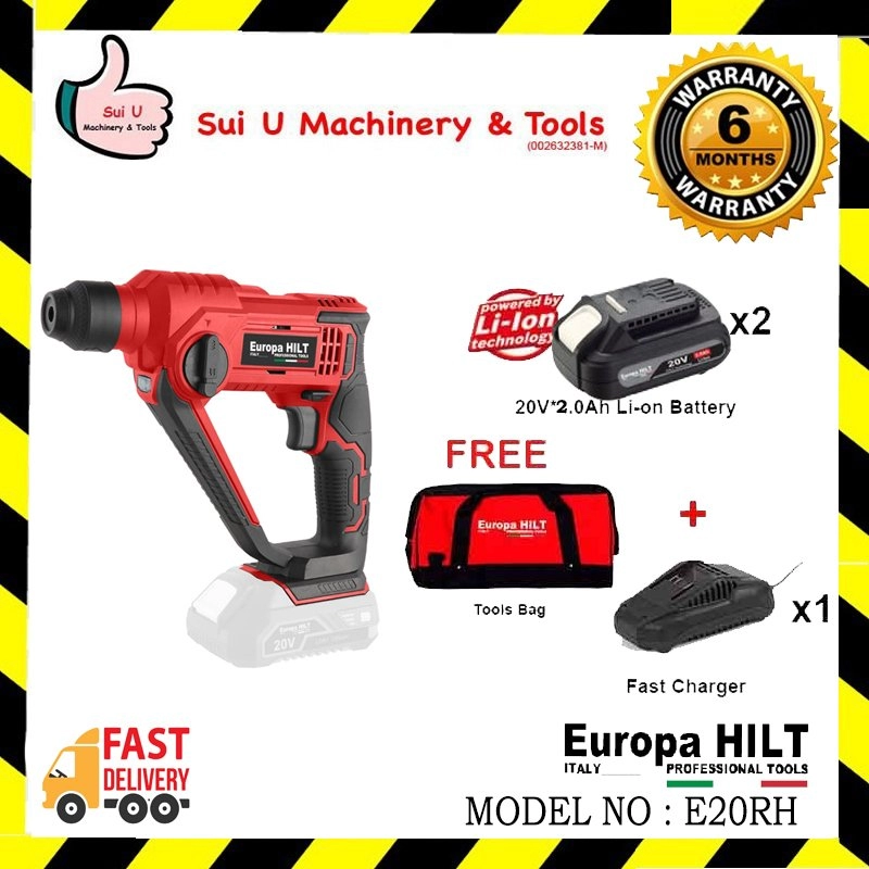 Europa Hilt E20RH 1.1J Cordless Rotary Hammer w/ 2 x 20V Batteries 2.0Ah + Charger + Tool Bag