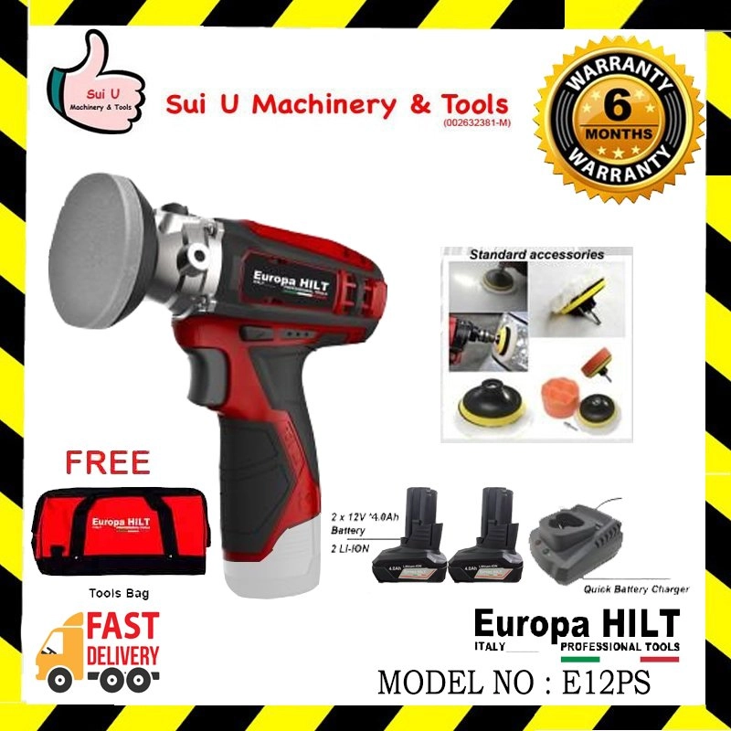 EUROPA HILT E12PS 12V 3" Cordless Compact Polisher / Sander + 2 x Batteries 4.0Ah + 1 x Charger + 1 x Tools Bag