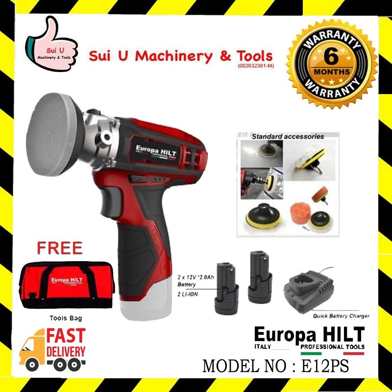 EUROPA HILT E12PS 12V 3" Cordless Compact Polisher / Sander + 2 x Batteries 2.0Ah + 1 x Charger + 1 x Tools Bag