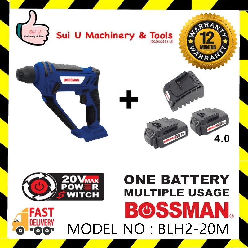 BOSSMAN BLH2-20M 20V Cordless Rotary Hammer + 2 x Batteries 4.0ah + Charger