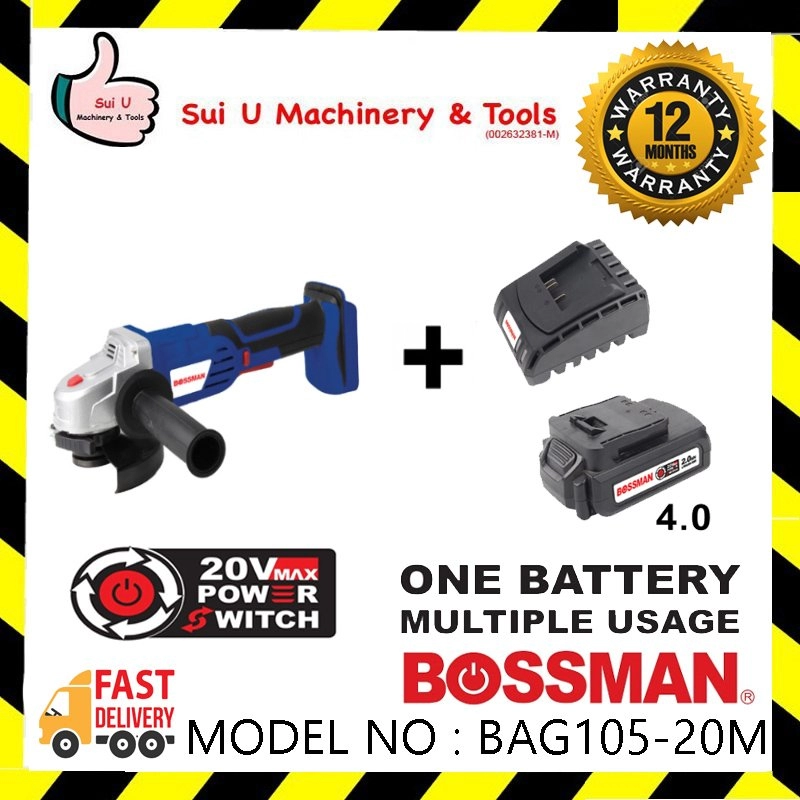 Bossman BAG105-20M 20V 4" Cordless Angle Grinder w/ 1 x 4.0Ah Battery + Charger