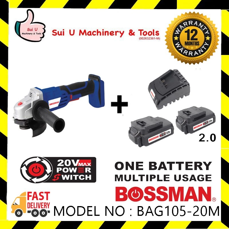 Bossman BAG105-20M 20V 4" Cordless Angle Grinder w/ 2 x 2.0Ah Batteries + Charger 