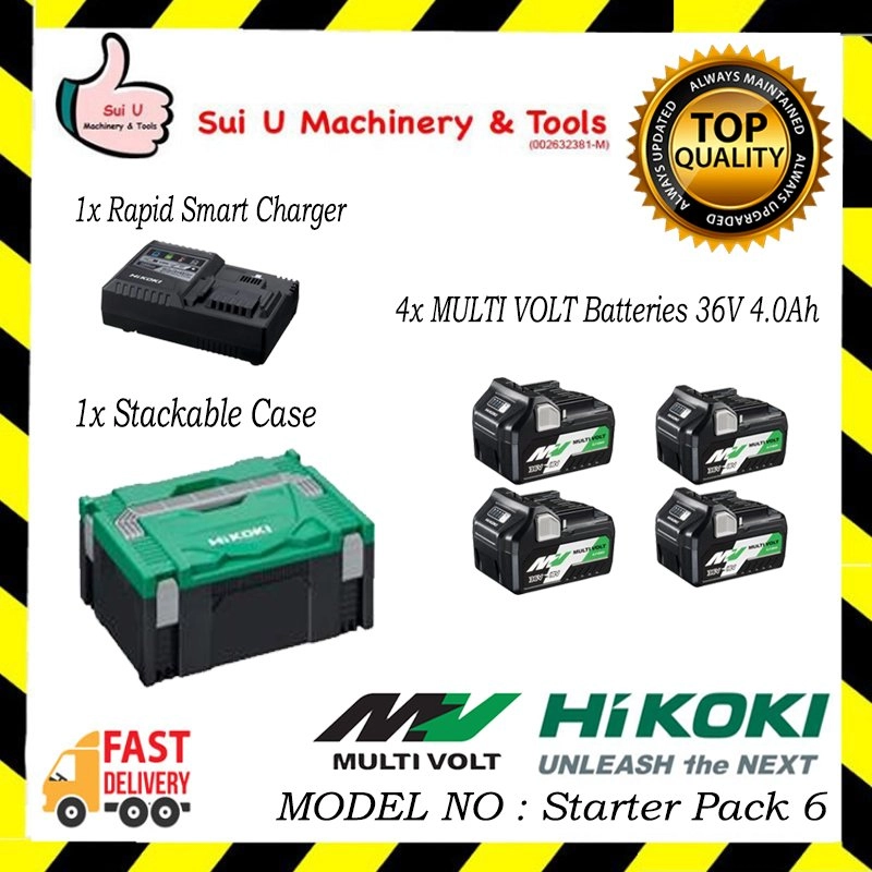 HIKOKI Starter Pack 6 ( 4x 36V Multi Volt Battery 4.0Ah BSL36B18 + 1x Rapid Smart Charger UC18YSL3 + 1x Stackable Case )