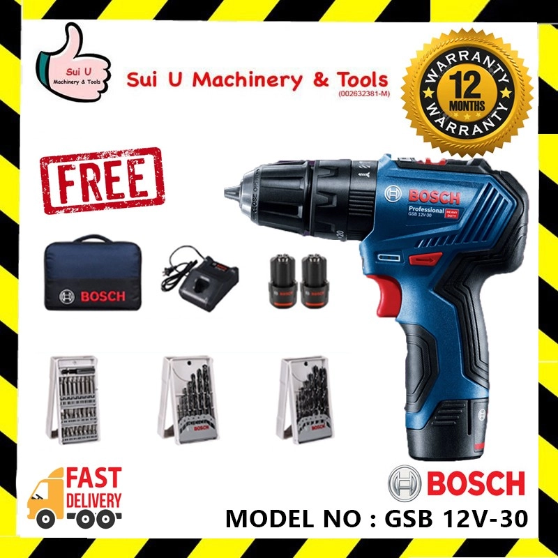 BOSCH GSB 12V-30 / GSB12V-30 12V 30NM Brushless Cordless Impact Drill 1600RPM with 2xBat 2.0Ah + Char + 39Pcs Accessorie