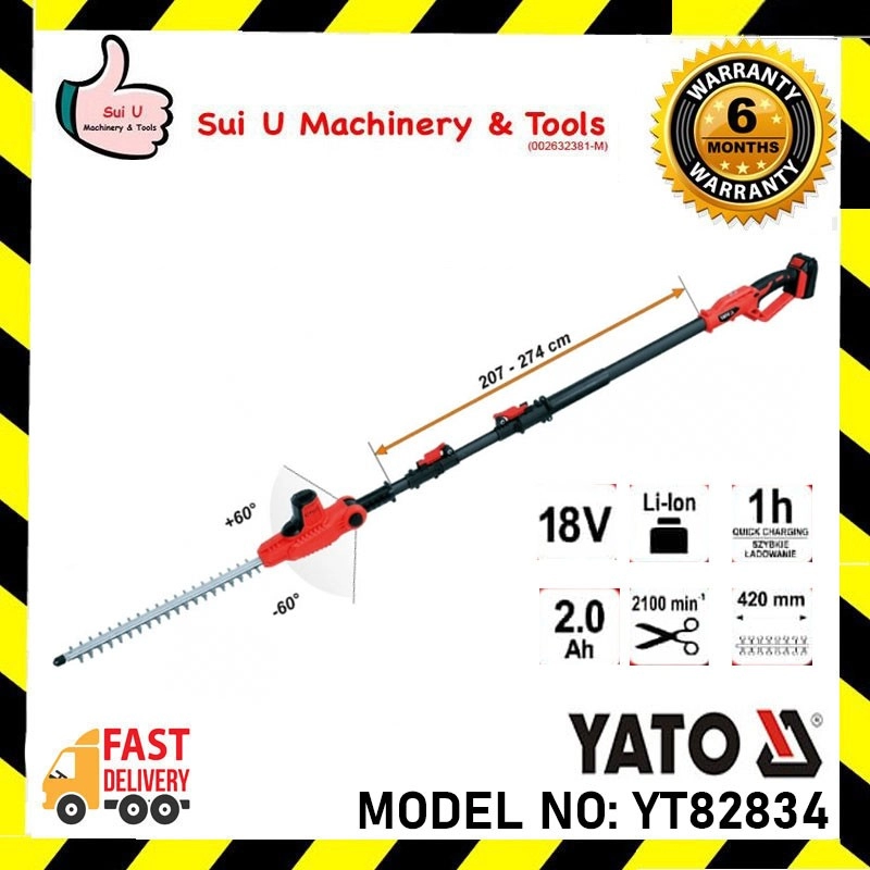 YATO YT82834 Cordless Telescopic Hedge Trimmer Adjustable Angle Head Set c/w 4.0Ah Battery