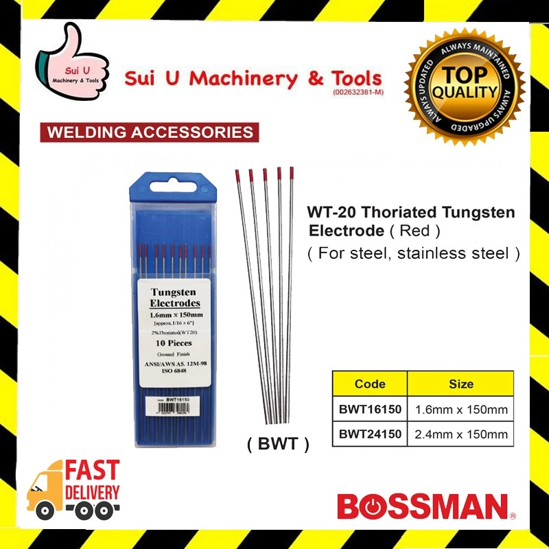 BOSSMAN BWT16150 / BWT24150 WT-20 Thoriated Tungsten Electrode (Red) for Steel, Stainlss Steel 1.6mm~2.4mm