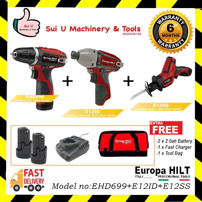 EUROPA HILT EHD699 Cordless Drill + E12ID Cordless Impact Drill + E12SS Cordless Sabre Saw FREE Accessories