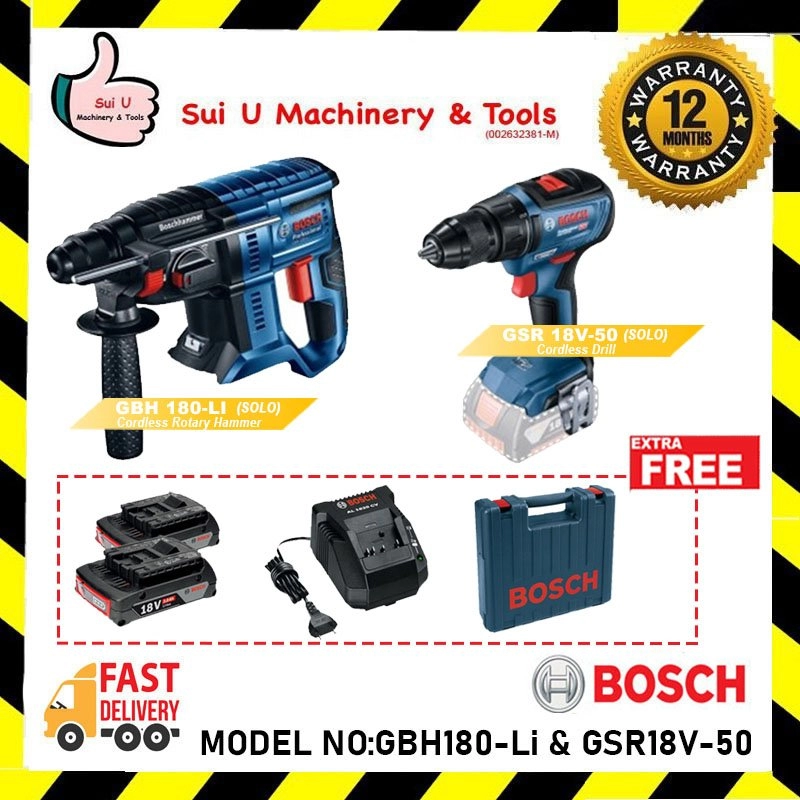 BOSCH GBH 180-LI Cordless Rotary Hammer with SDS Plus (SET) + GSR 18V-50 Cordless Drill/Driver (SOLO) **WITHOUT BATTERY
