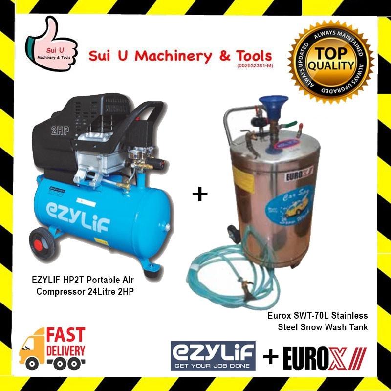 EZYLIF HP2T 24L 2HP Portable Air Compressor & EUROX SWT-70L Stainless Steel Snow Wash Tank