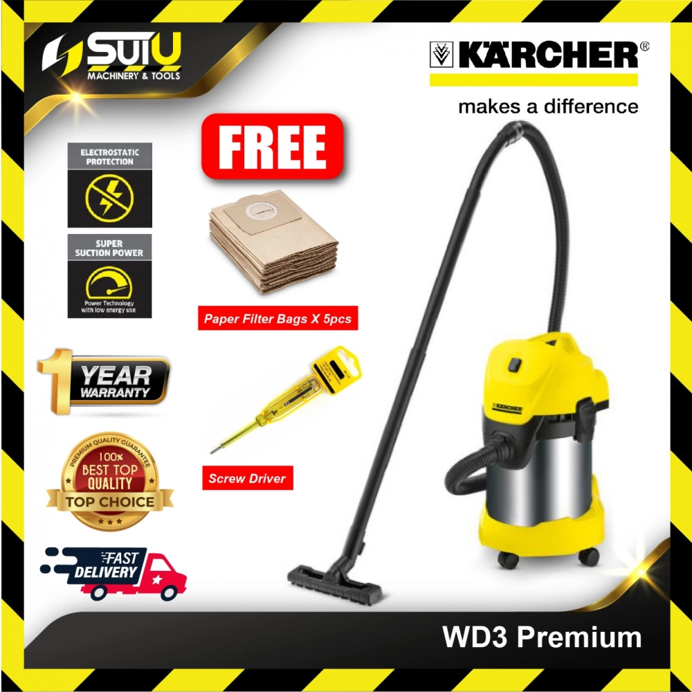 KARCHER WD3 Premium Wet & Dry Vacuum Cleaner 1000W FOC 5 Filter Bag+Screw Driver