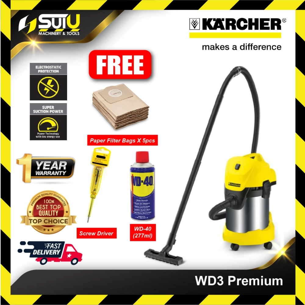 KARCHER WD3 Premium Wet & Dry Vacuum Cleaner 1000W FOC 5 Filter Bag+Screw Driver+WD40