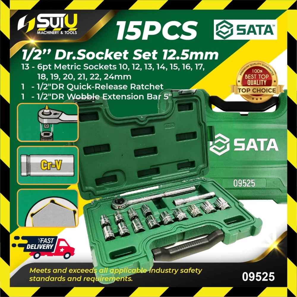SATA 09525 15pcs 1/2" Dr. 6PT Metric Socket Set 12.5mm