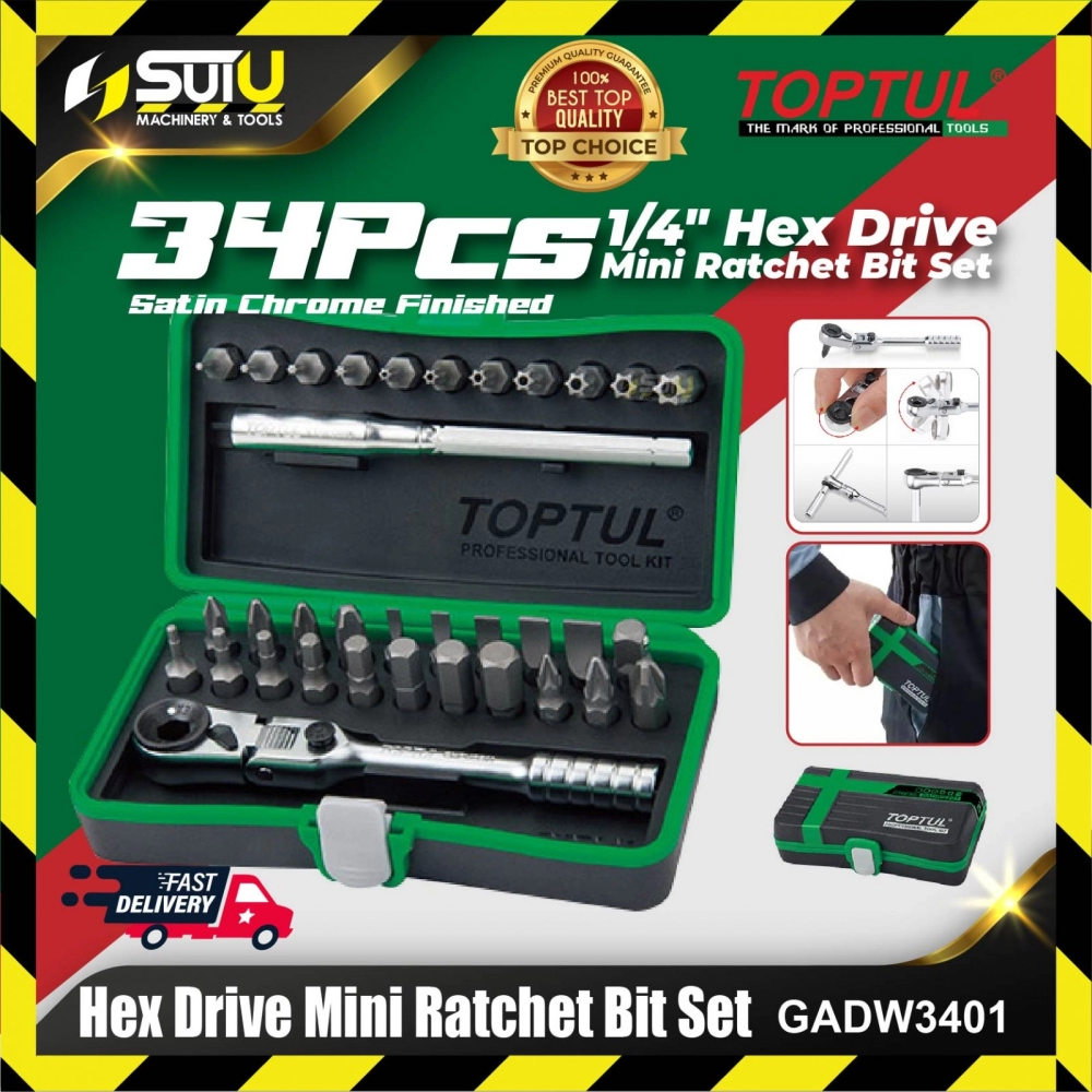 TOPTUL GADW3401 34PCS 1/4" Hex Drive Mini Ratchet Bit Set