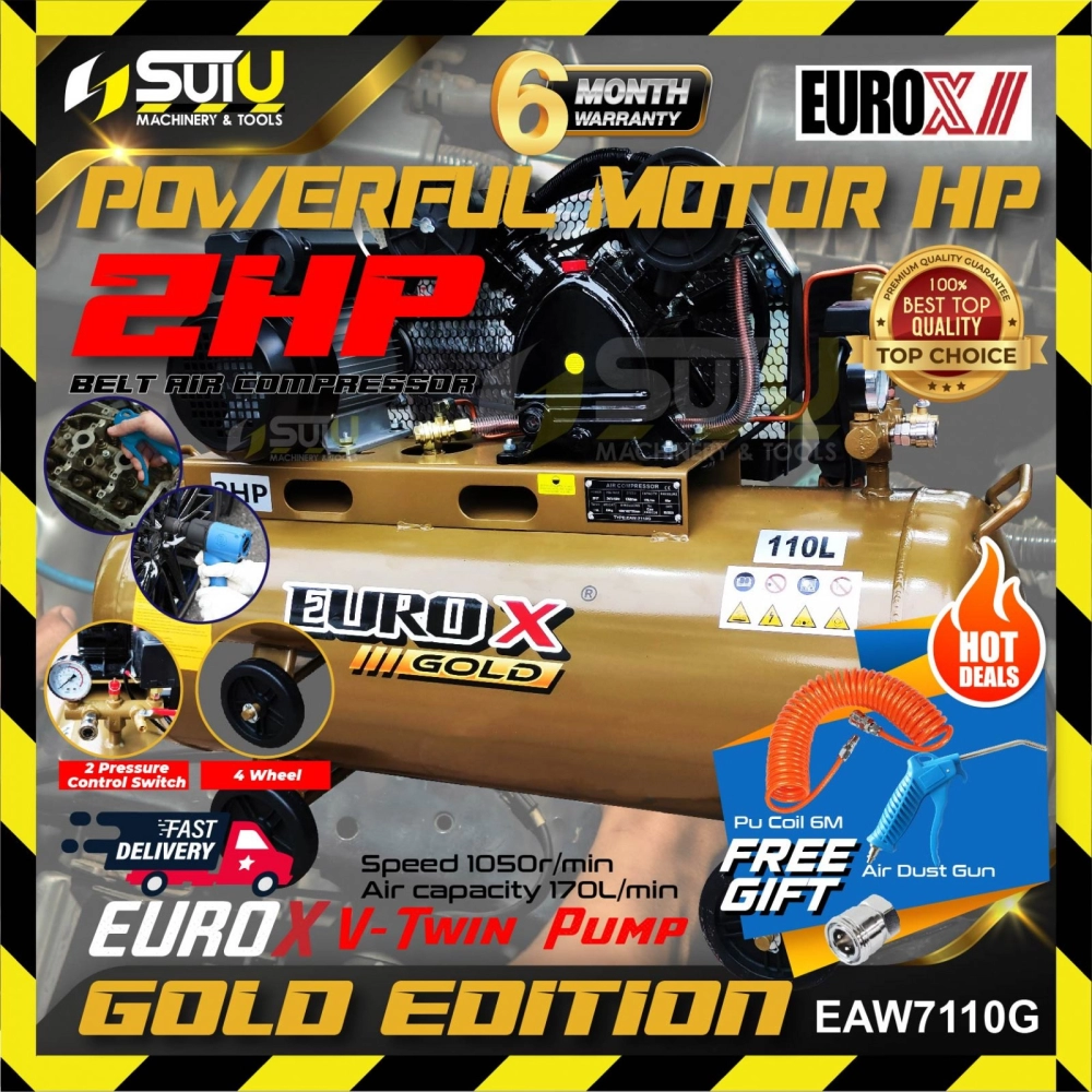 EUROX GOLD EDITION EAW-7110 / EAW7110G 2HP 110L Belt Air Compressor 8BAR + Free Gift