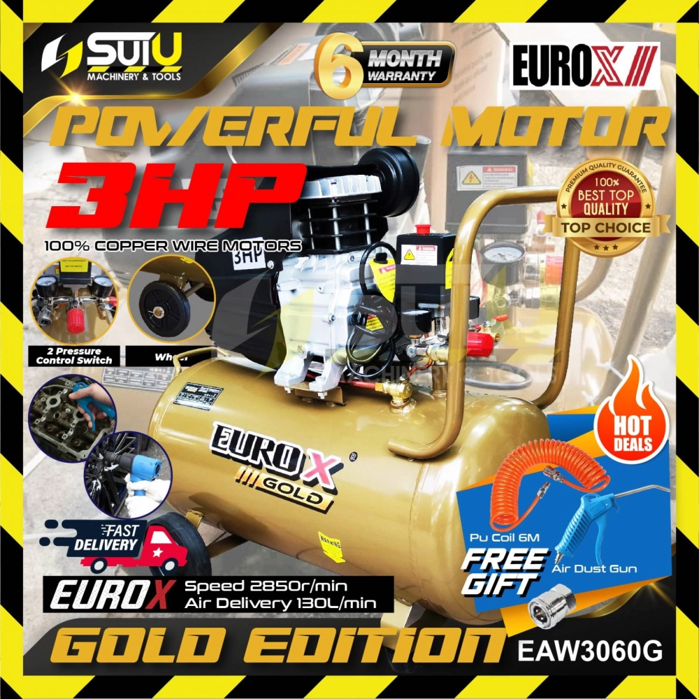 [READY STOCK, ORIGINAL] EUROX GOLD EAW3060G / EAW3060 / EAX3060 / EAX-3060 60L 3HP Direct Driven Air Compressor 2850RPM w/ Gift