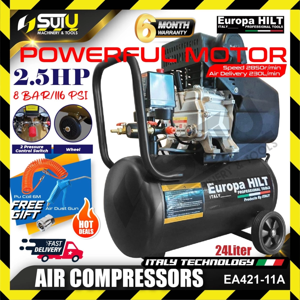 Europa Hilt EA421-11A 24L 2.5HP Direct Driven Air Compressor 8bar with Free Gift