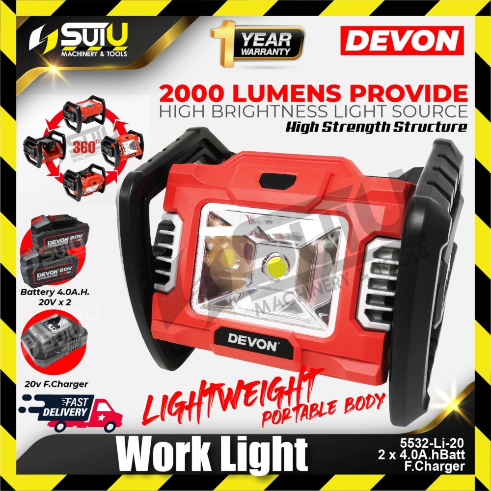DEVON 5532-Li-20 20V Portable Work Light with 2000 Lumens w/ 2 x Batteries 4.0Ah + Charger 