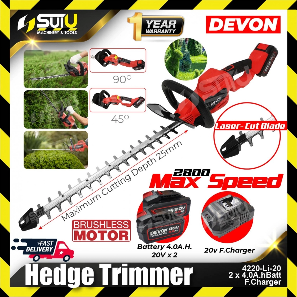 DEVON 4220-Li-20 20V Brushless Cordless Hedge Trimmer w/ 2 x 4.0Ah Batteries + 1 x Charger