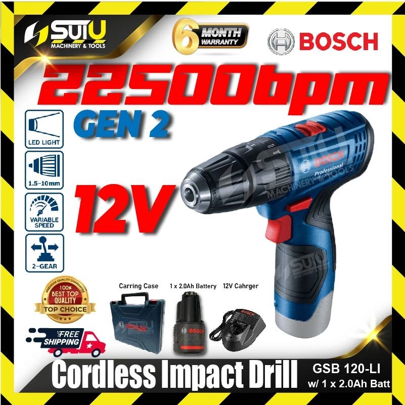 [SET B] BOSCH GSB 120-LI / GSB120-LI GEN II 12V 30NM Cordless Impact Drill 1500RPM w/ 1 x 2.0Ah Battery + Charger 