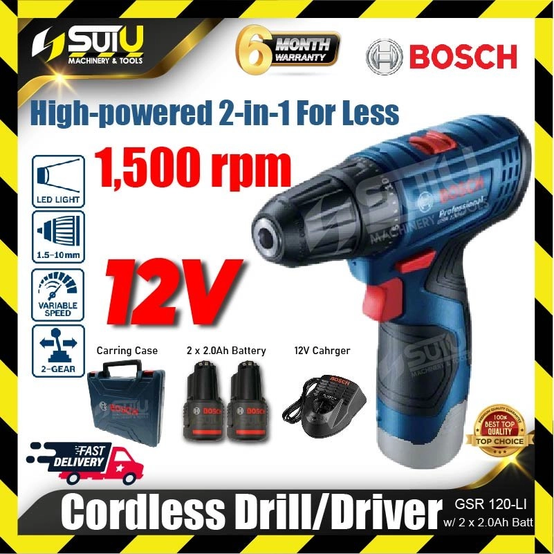 BOSCH GSR120-LI  / GSR 120-LI GEN II 12V 30NM Cordless Drill 1500RPM + 2 x 2.0Ah Batteries + Charger + Tool Box