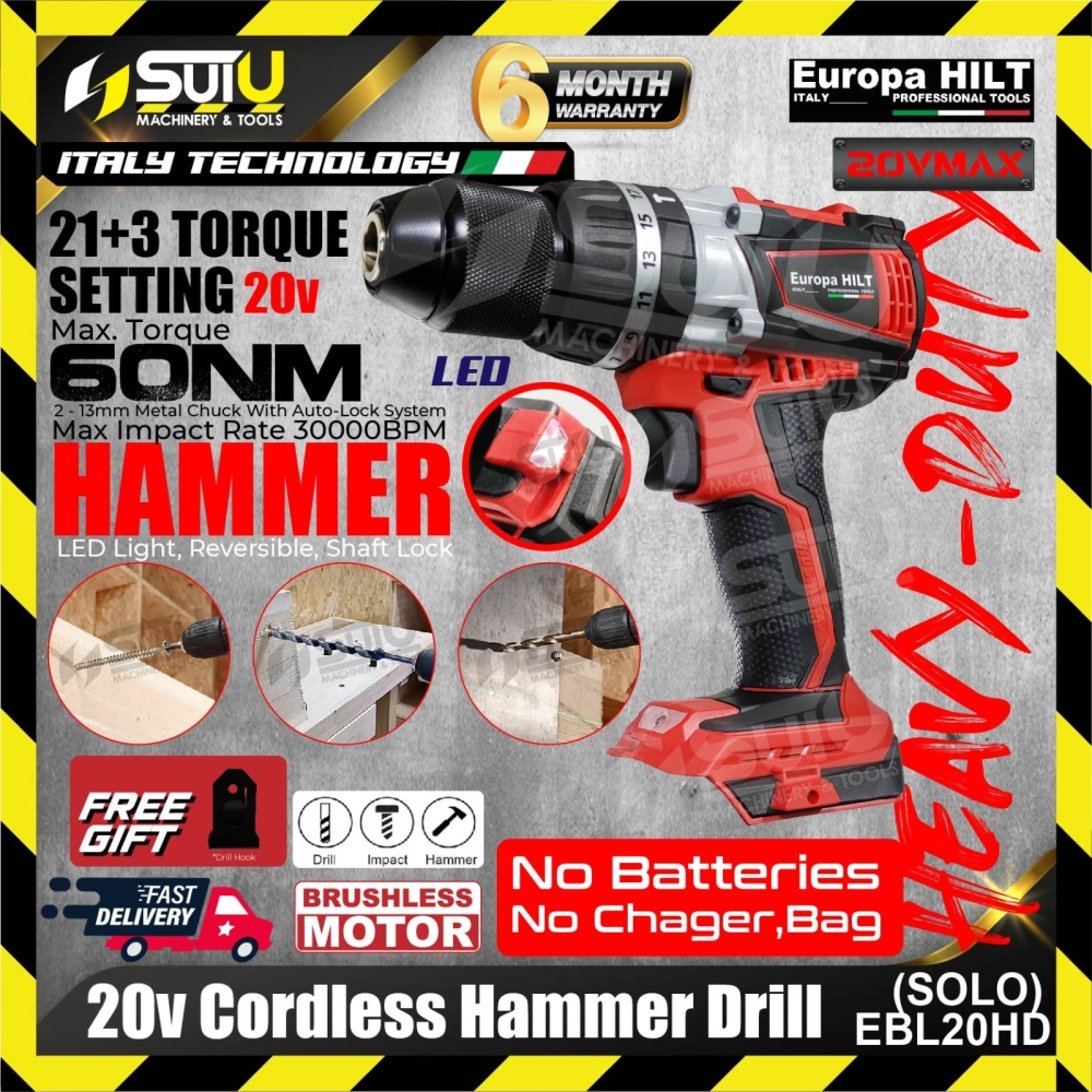 Europa Hilt EBL20HD 20V Cordless Impact Hammer Drill with Brushless Motor (SOLO - No Battery & Charger))