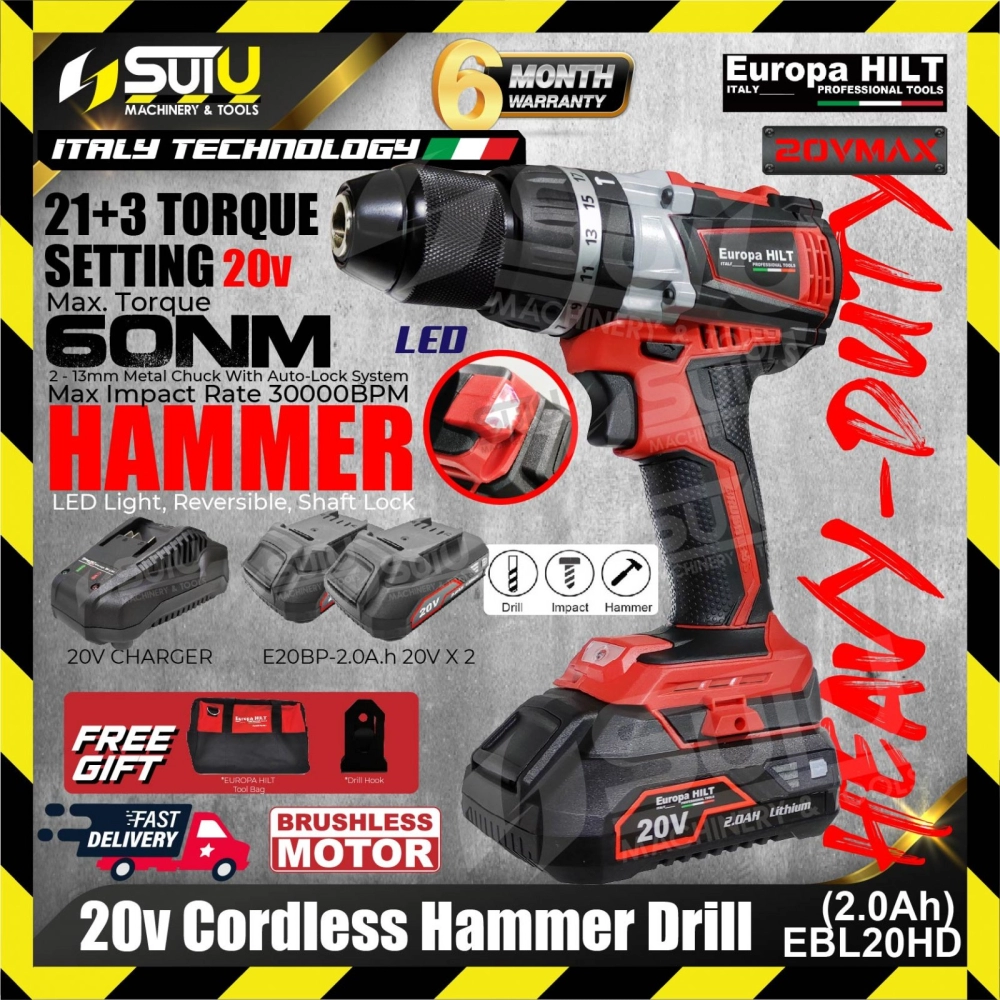 Europa Hilt EBL20HD 20V Cordless Impact Hammer Drill with Brushless Motor + 2 x 2.0Ah Batteries + 1 x 20V Charger