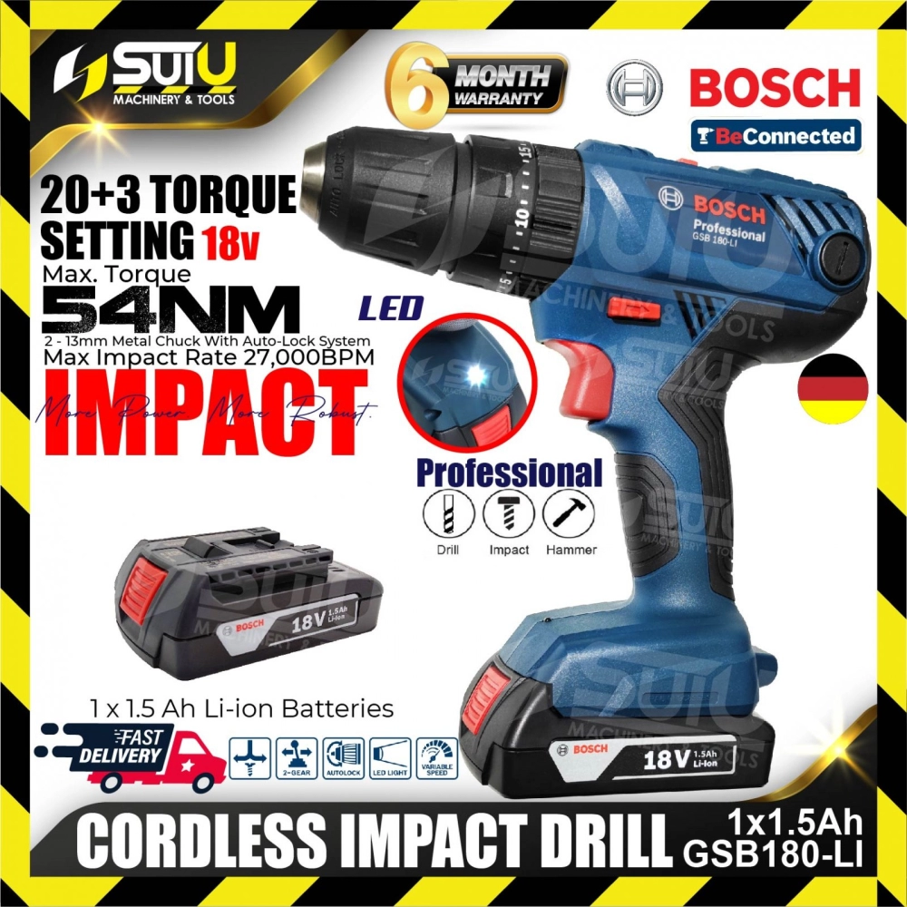 BOSCH GSB 180-LI Cordless Impact Drill 18V (W/ 1.5ah Battery x 1) **WITHOUT CHARGER**
