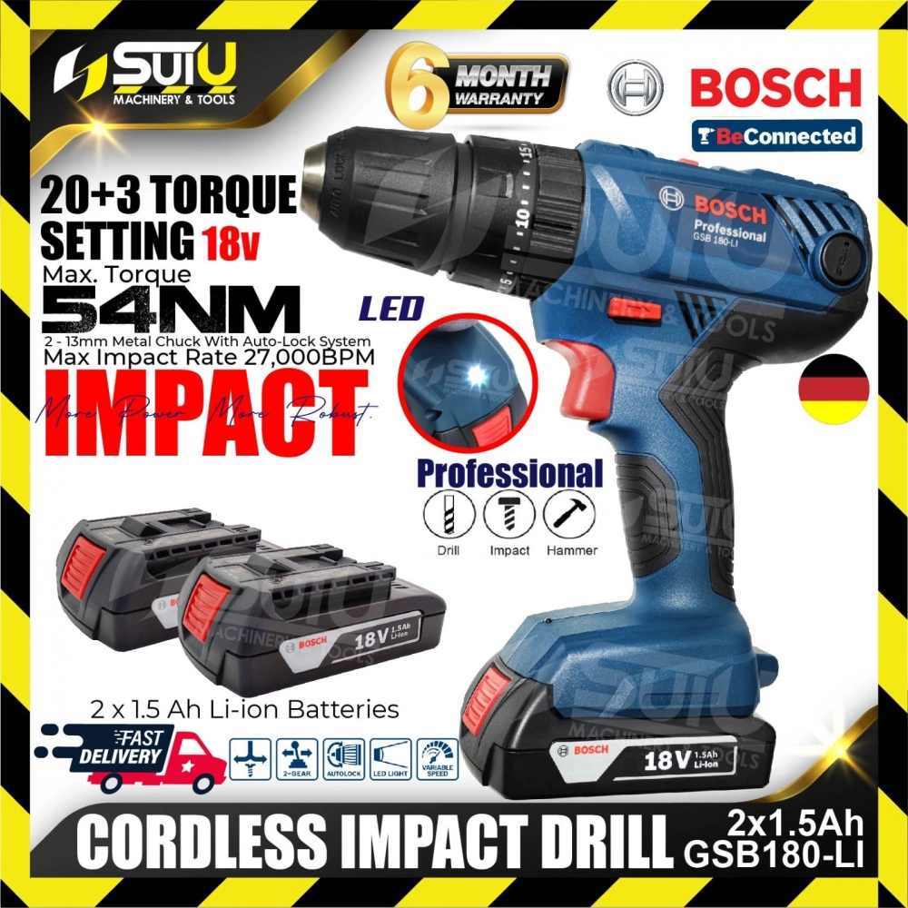 BOSCH GSB 180-LI Cordless Impact Drill 18V (W/ 1.5ah Battery x 2 ) **WITHOUT CHARGER)