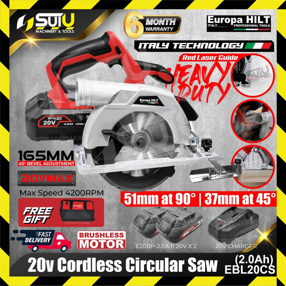 Europa Hilt EBL20CS 20V Cordless Circular Saw with Brushless Motor 4200RPM w/ 2x Batt 2.0Ah+ Charger + Bag