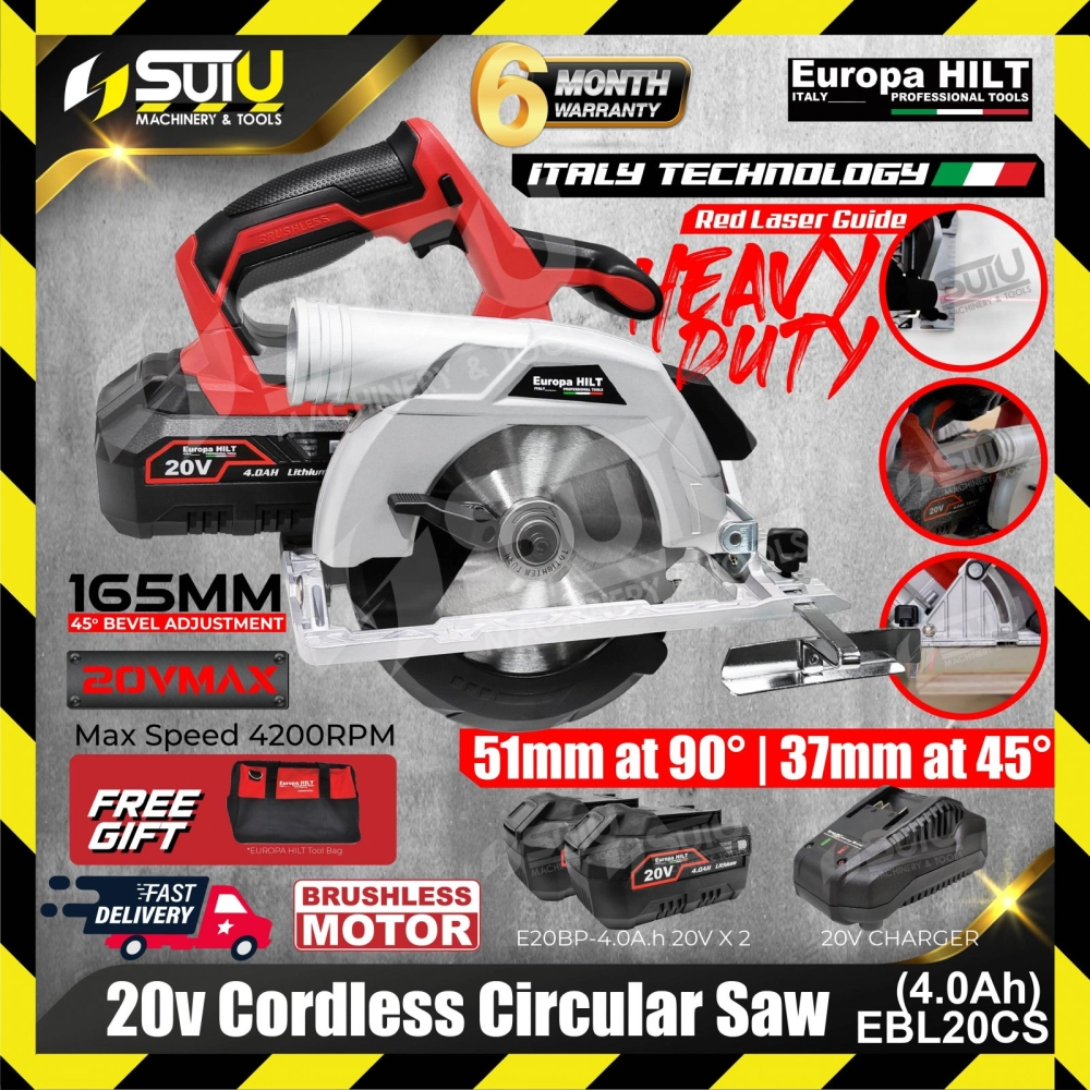 Europa Hilt EBL20CS 20V Cordless Circular Saw with Brushless Motor 4200RPM w/ 2x Batt 4.0Ah+ Charger + Bag