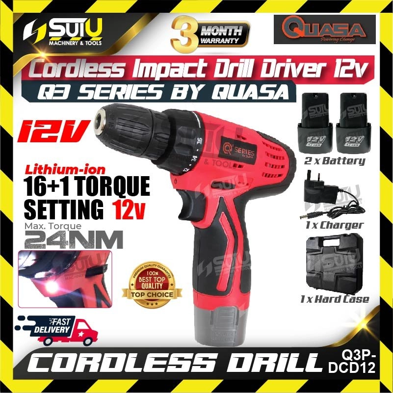 QUASA Q3 Q3P-DCD12 12V 24NM 2-Speed Cordless Drill / Screwdriver 1400RPM w/ 2 x Battery 1.3Ah + Charger