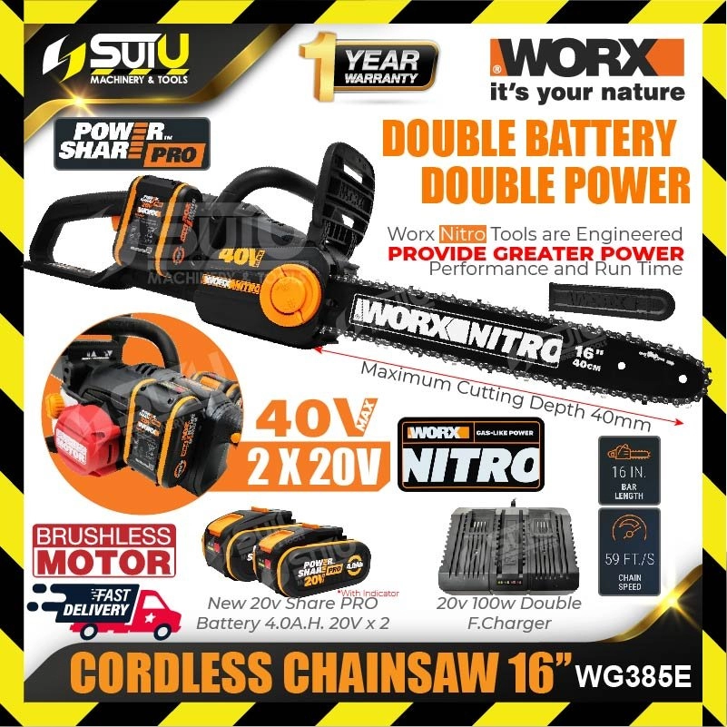 WORX WG385E 16" 40V Cordless Chainsaw (Brushless Motor) with 2 x 20V 4.0Ah Batteries + Charger