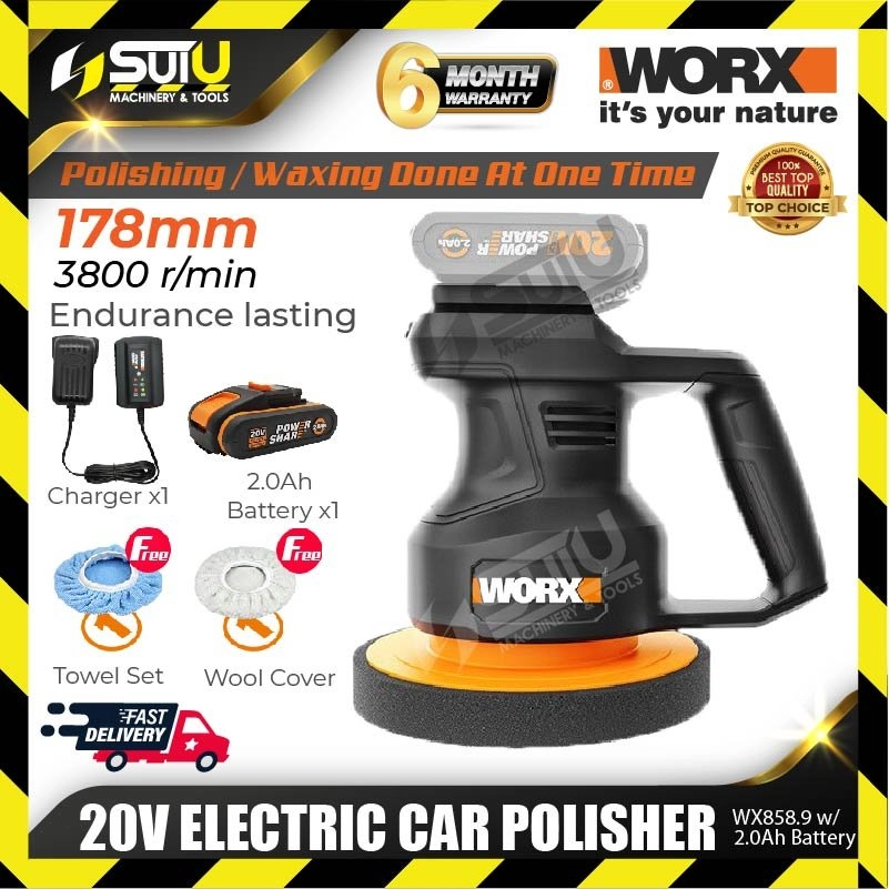 Worx WX858.9 20V 178mm Electric Car Polisher 3800rpm w/2.0Ah battery + Charger + Free Gift