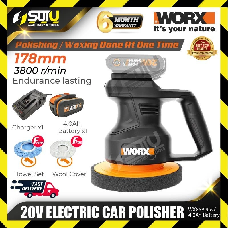 Worx WX858.9 20V 178mm Electric Car Polisher 3800rpm w/4.0Ah battery + Charger + Free Gift