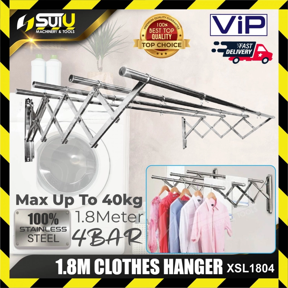 VIP XSL1804 1.8M 4Bar Stainless Steel Wall Mounted Clothes Hanger