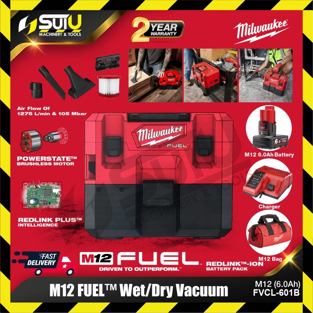 MILWAUKEE M12 FVCL-601B 6.1L FUEL Wet / Dry Vacuum Brushless Motor 105mbar w/ Battery & Charger