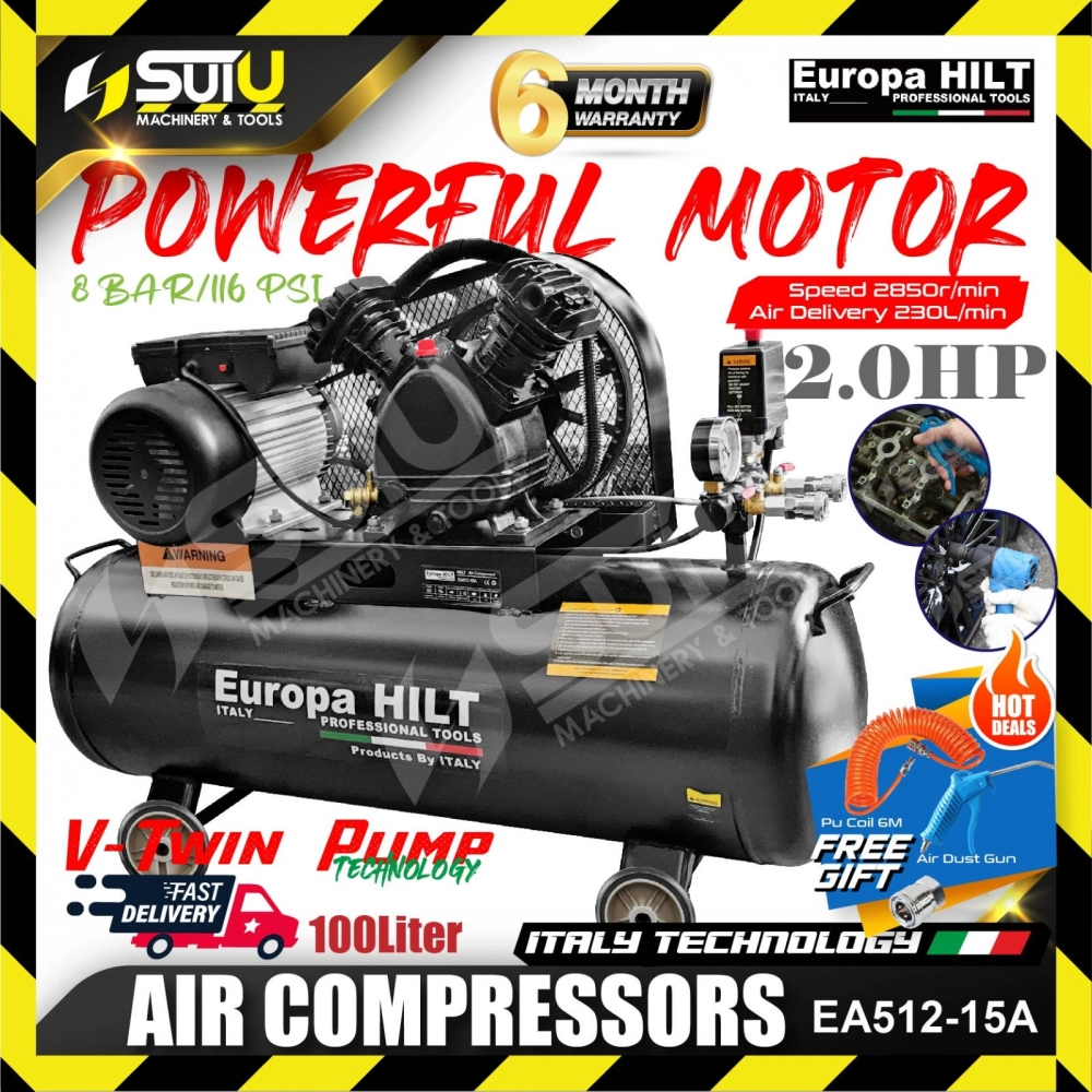 EUROPA HILT EA512-15A 2hp 100L Air Compressor 8bar 2850rpm w/ Free Gift