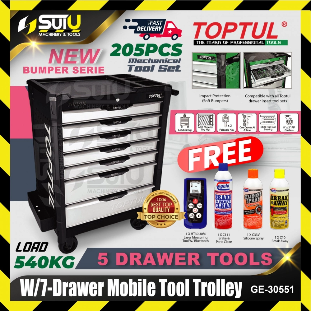 TOPTUL GE-30551 / GE 30551 / GE30551 7 Drawer Mobile Tool Trolley c/w 205pcs Mechanical Tool Sets