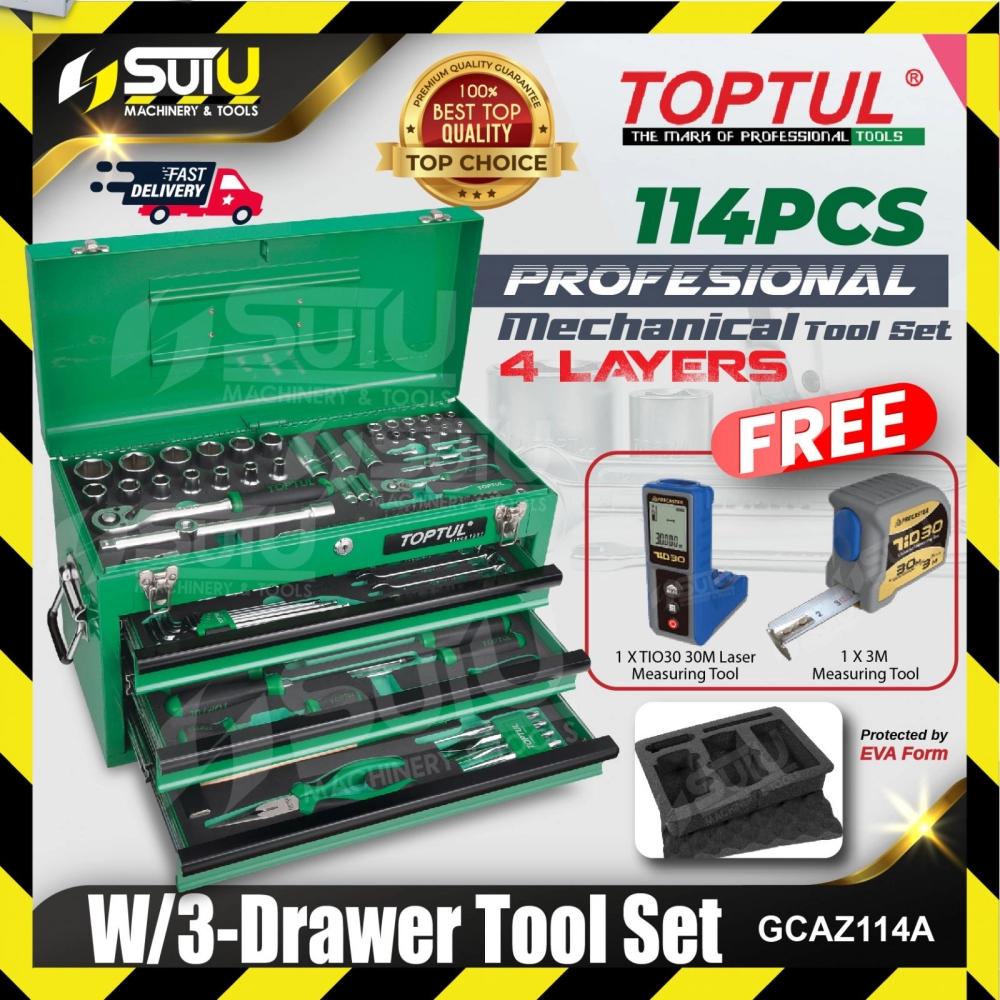 TOPTUL GCAZ114A 114pcs Professional Mechanical Tool Set W/3-Drawer Tool Chest