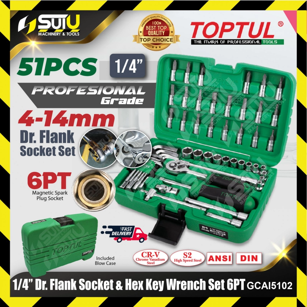 TOPTUL GCAI5102 51pcs 1/4" Professional Grade Dr. Flank Socket & Hex Key Wrench Set 6PT